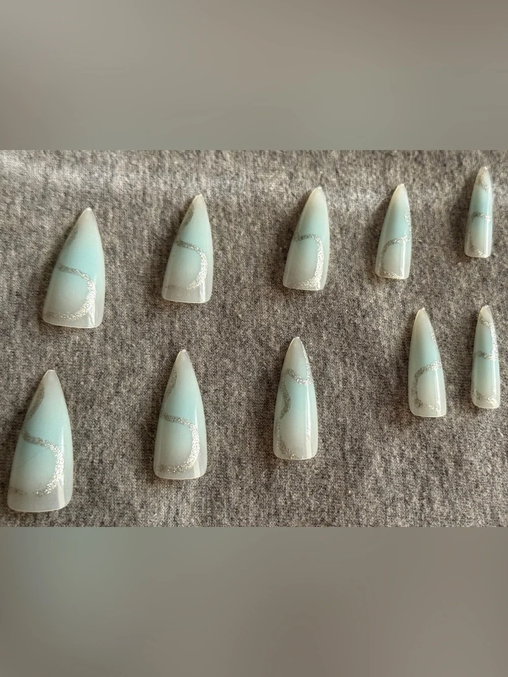 Stiletto Press-On Nails — Mint Green with Silver Glitter Swirl